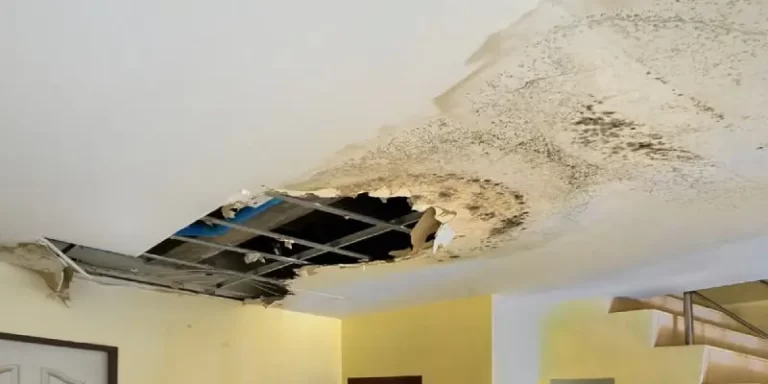 A photo of a hole in a ceiling surrounded by extensive brown water damage caused by a roof leak