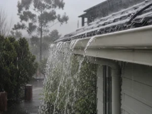 heavy rain pouring down a melbourne roof, overflowing from the gutter.