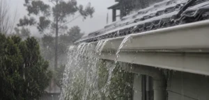 heavy rain pouring down a melbourne roof, overflowing from the gutter.