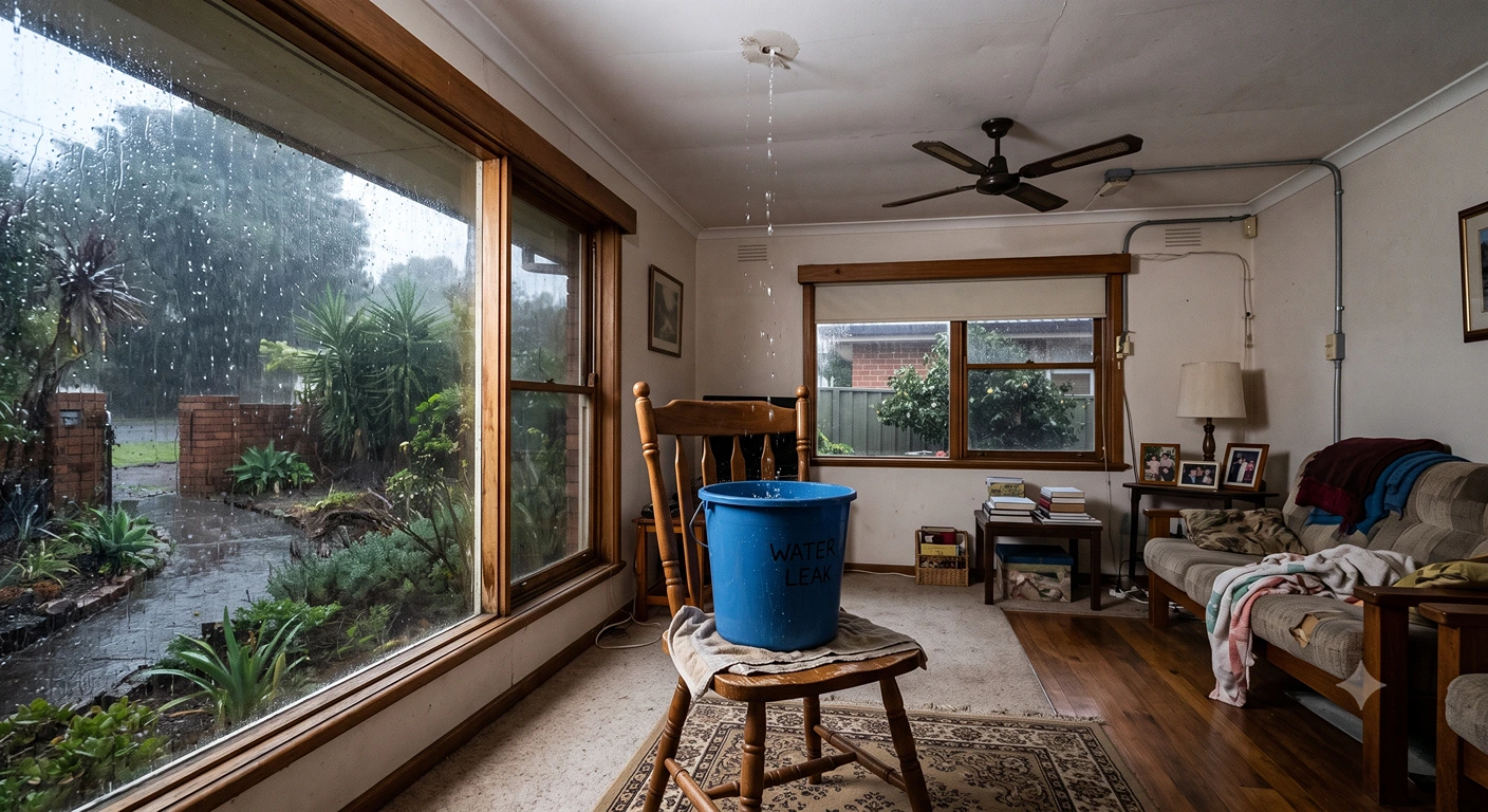Water leaking through the ceiling of a Melbourne home during heavy rain