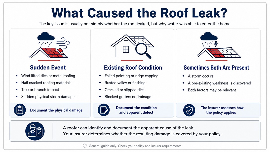Guide showing how sudden storm damage, existing roof conditions or a combination of both can contribute to a roof leak