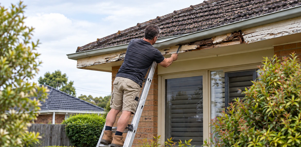 Man repairing a fascia board on a ladder