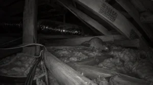 Rat with glowing eyes inside a dark roof cavity captured in infrared night vision