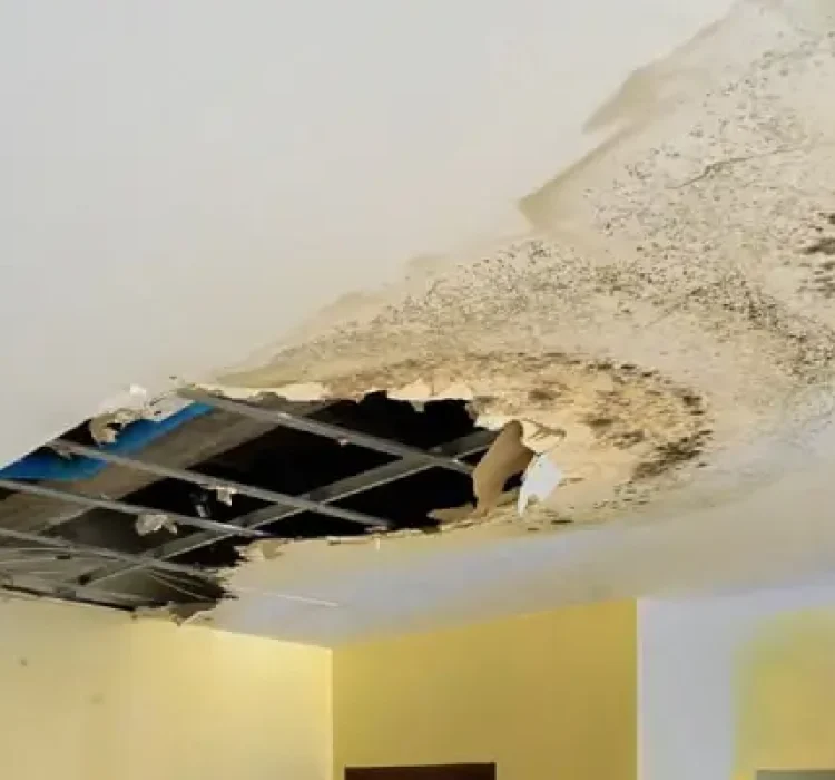 A photo of a hole in a ceiling surrounded by extensive brown water damage caused by a roof leak